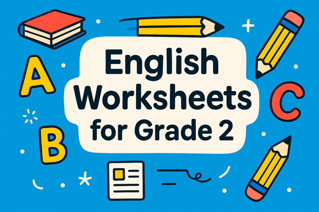 Free Grade 2 English Worksheets – Fun & Printable Today 9 Feature image for “English Worksheets for Grade 2” with colorful school icons, books, pencils, and ABC elements designed for parents and teachers.