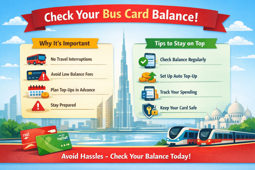 Infographic showing importance and tips for managing RTA bus card balance.