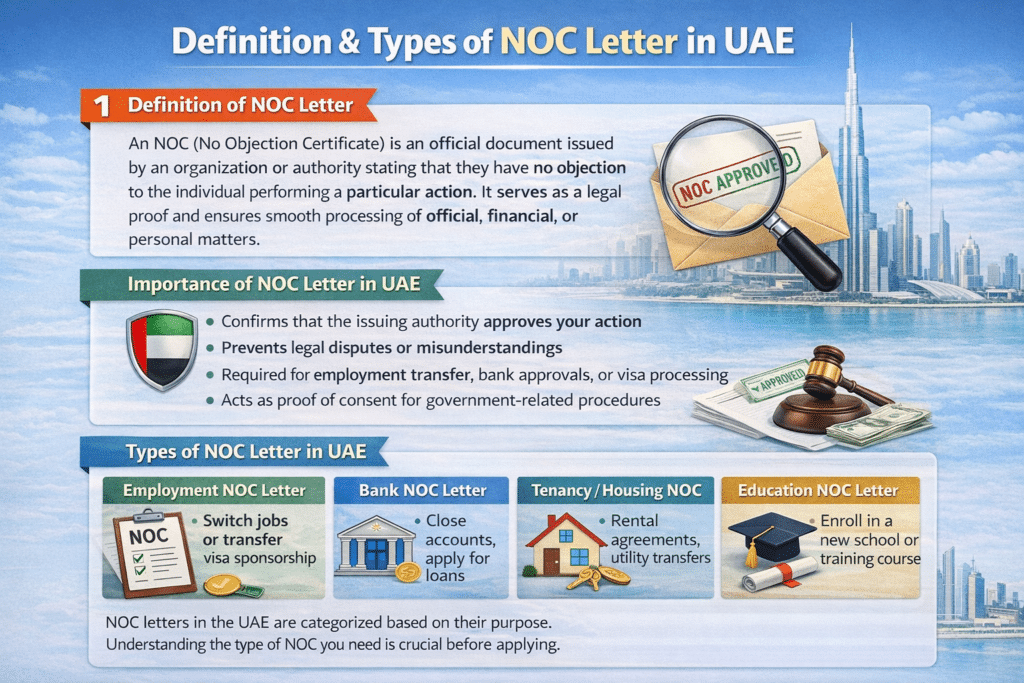 This infographic explains the definition, importance, and types of NOC (No Objection Certificate) letters in the UAE. It highlights why NOC letters are required for employment transfers, bank approvals, tenancy matters, visa processing, and education, with clear visual sections for employment NOC, bank NOC, tenancy or housing NOC, and education NOC