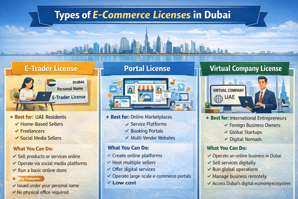 Types of e-commerce licenses in Dubai: E-Trader License for individuals, Portal License for online marketplaces, and Virtual Company License for international entrepreneurs.