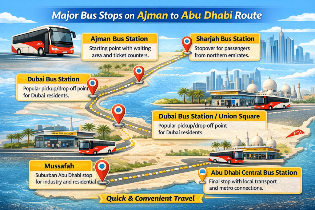 Ajman to Abu Dhabi Bus Timings, Fare & Stops 2026 5 Ajman to Abu Dhabi bus major stops infographic.