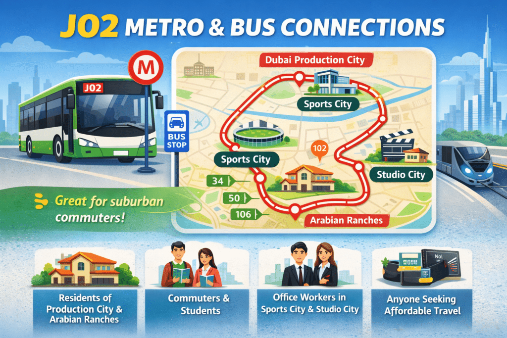 J02 Bus Timetable Dubai – Complete Route, Full Stops List (2026) 4 Infographic showing J02 bus connections and key commuters like residents, students, and office workers.