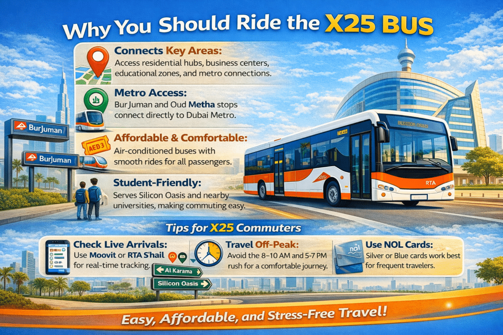 Why ride X25 bus Dubai infographic showing benefits, metro connections, and commuter tips.