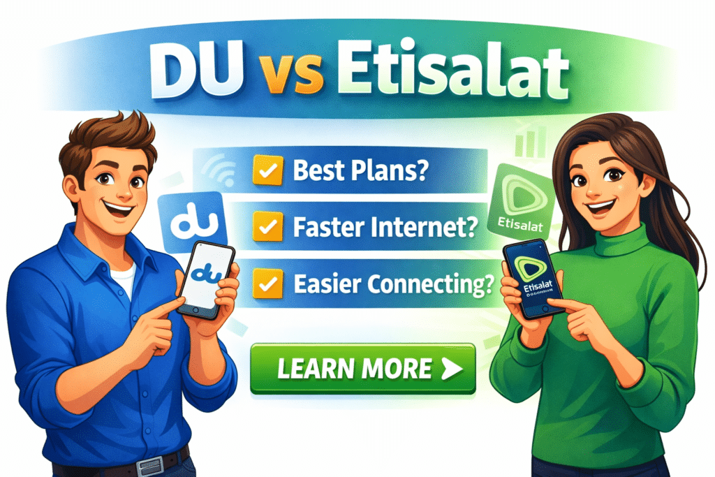 An engaging 3:2 featured image comparing DU vs Etisalat in the UAE, featuring animated characters holding smartphones with DU and Etisalat logos. The image highlights key comparison points such as best mobile plans, faster internet speed, and ease of connectivity, designed to help users choose the right UAE telecom provider