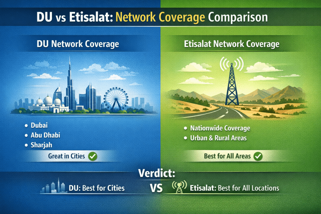 DU vs Etisalat network coverage comparison in UAE showing DU strong in cities like Dubai, Abu Dhabi, Sharjah, and Etisalat offering nationwide coverage.