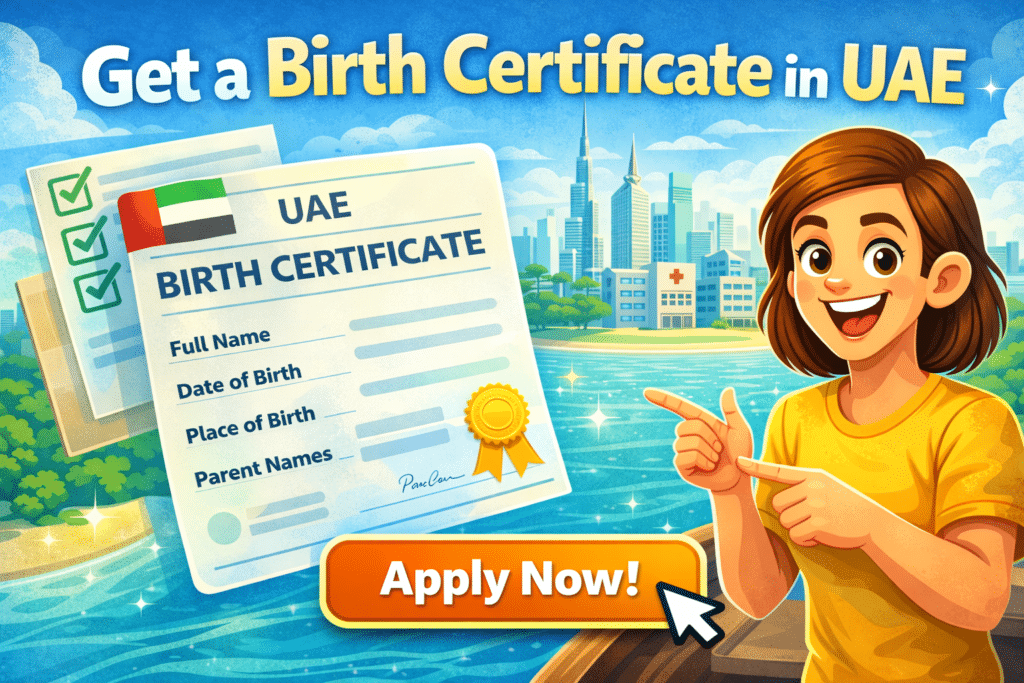 Animated person holding a UAE birth certificate, smiling and pointing at it, with a cityscape featuring UAE landmarks and hospital buildings in the background – illustration promoting birth certificate application.