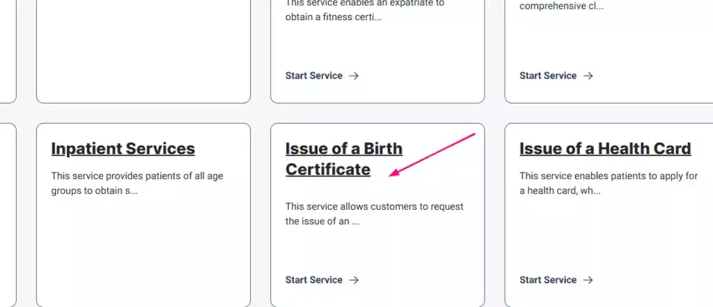 Select birth certificate from EHS website screenshot of EHS website 