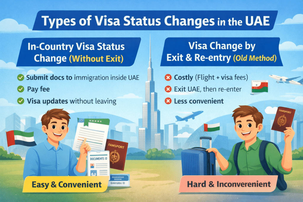 Animated person showing two methods of changing visa status in UAE: In-Country Visa Change and Visa Change by Exit & Re-entry, with documents, passport, and suitcase.
