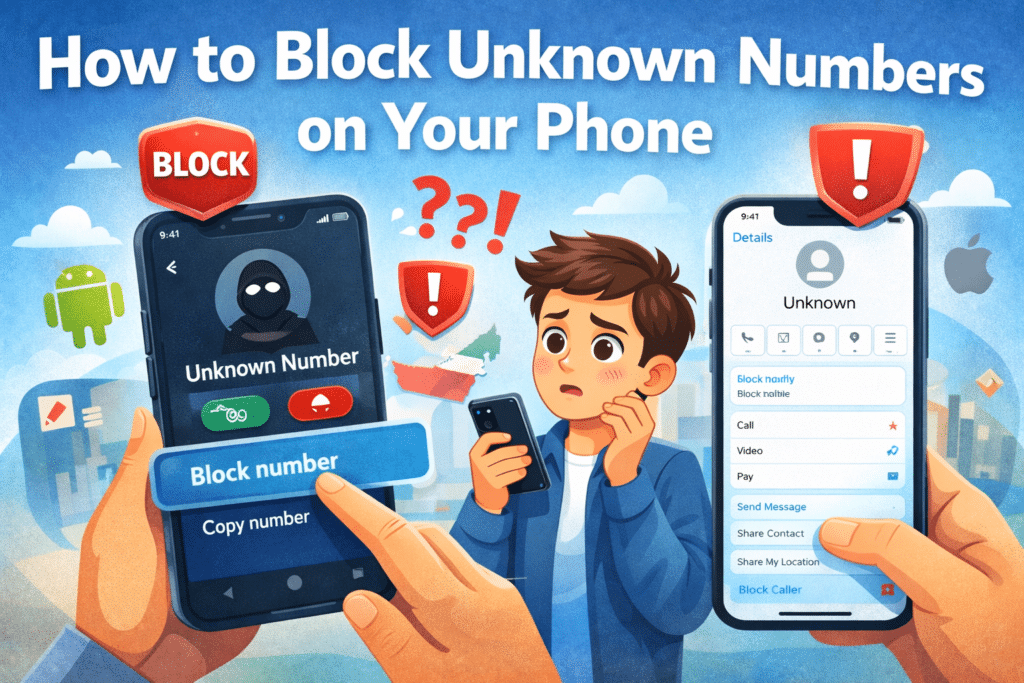 Animated illustration showing how to block unknown numbers on Android and iPhone using the phone call settings.