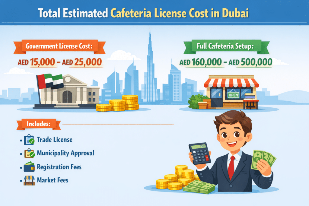 Total estimated cafeteria license cost in Dubai infographic with animated person showing government license cost and full setup investment breakdown
