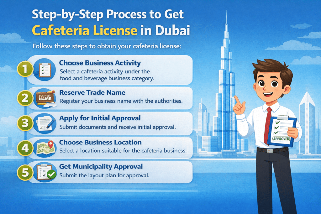 Step-by-step process to get cafeteria license in Dubai infographic with animated person and five steps including business activity, trade name, approval, location, and municipality approval