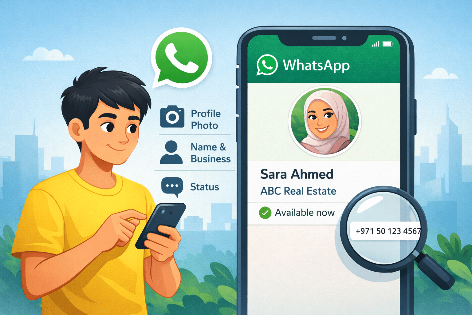 Check unknown number on WhatsApp to find who called me from this number UAE using profile photo, name, and status.