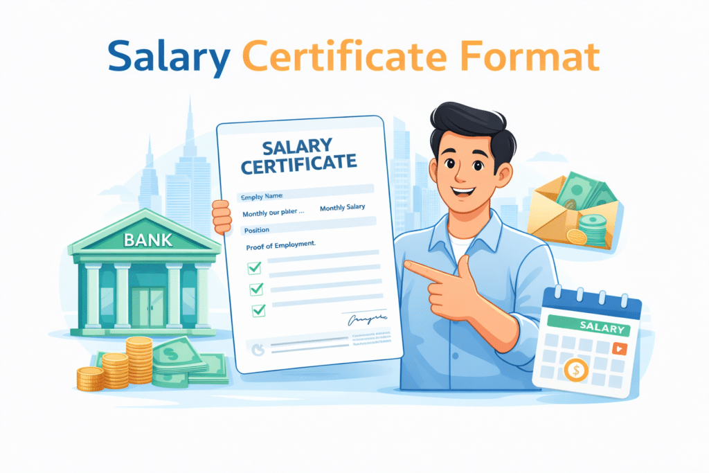 Salary certificate format sample with employee details monthly salary and proof of employment document illustration