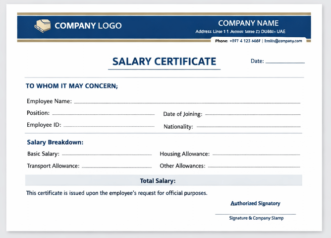 UAE Salary Certificate Format: Copy & Use Template 8 Salary certificate format template with company logo, employee details, salary breakdown and official signature section