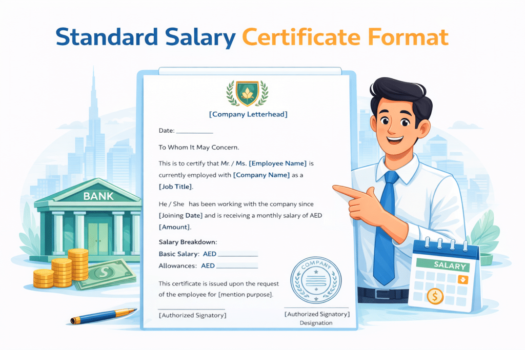 UAE Salary Certificate Format: Copy & Use Template 12 Standard salary certificate format UAE with company letterhead employee details salary breakdown and authorized signature