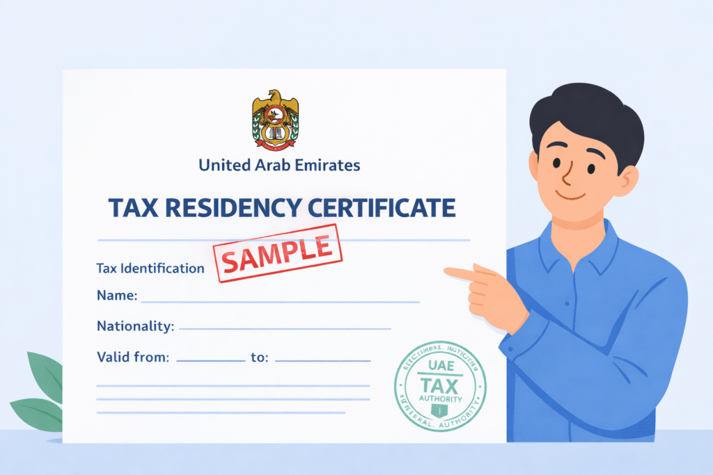 Sample Tax Residency Certificate UAE TRC format with personal details and official stamp illustration