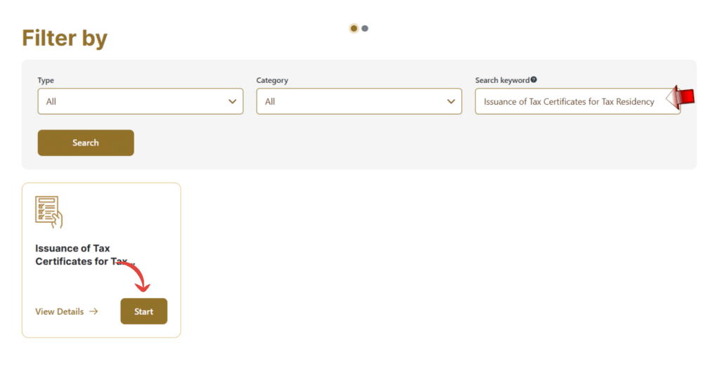 FTA services search page showing Tax Residency Certificate option and start button in UAE