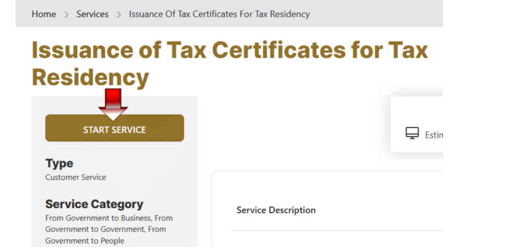 Issuance of Tax Residency Certificate service page on UAE Federal Tax Authority website with start service button