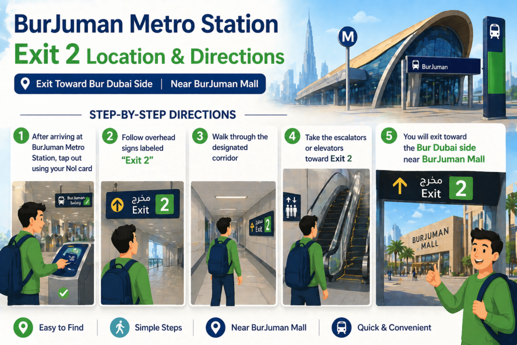 BurJuman Metro Station Exit 2 location directions step by step guide Dubai metro signage and route