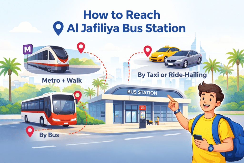 How to reach Al Jafiliya Bus Station Dubai by metro bus taxi with traveler illustration and transport routes