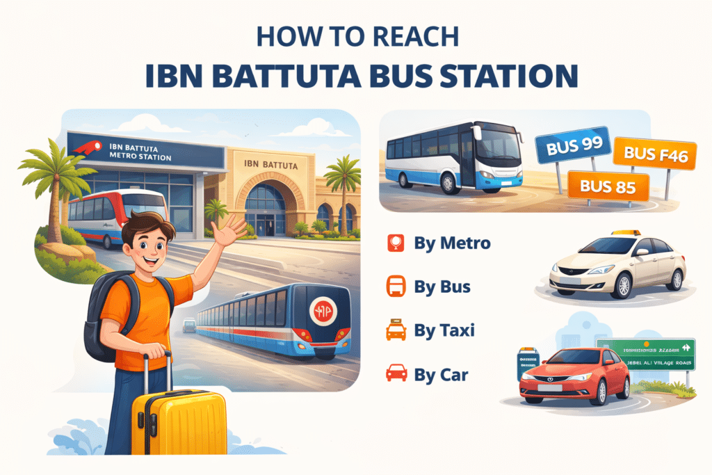 Ibn Battuta Bus Station Guide: Routes, Timings & Tips 4 How to reach Ibn Battuta Bus Station Dubai by metro bus taxi and car with illustrated routes and transport options