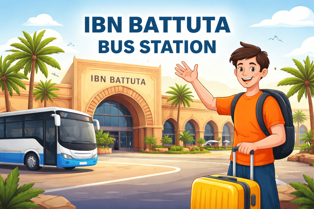 Ibn Battuta Bus Station Dubai with animated traveler and bus outside main terminal entrance