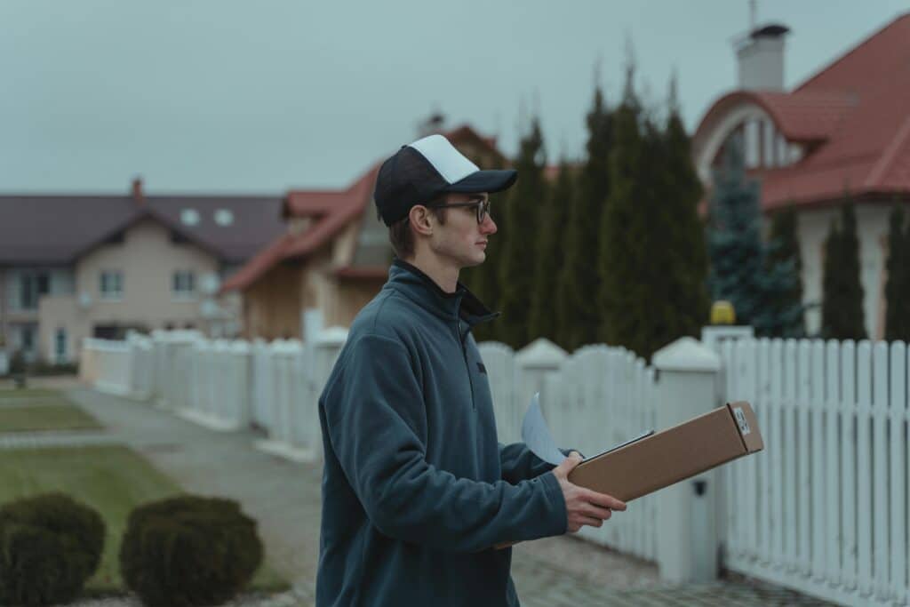Young courier delivering a package in a suburban neighborhood, wearing a cap and holding a clipboard.