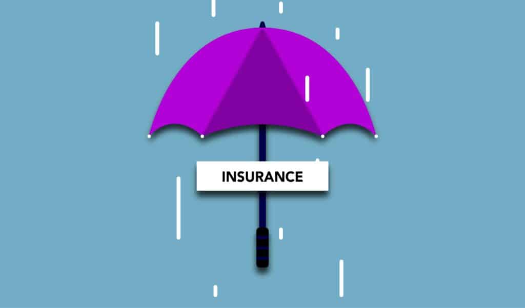 Decorative cardboard illustration of signboard with Insurance title under umbrella in rain on blue background